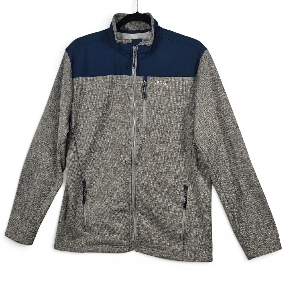 Orvis Mens Classic Collection Full Zip Fleece Jacket Grey Navy Blue Medium